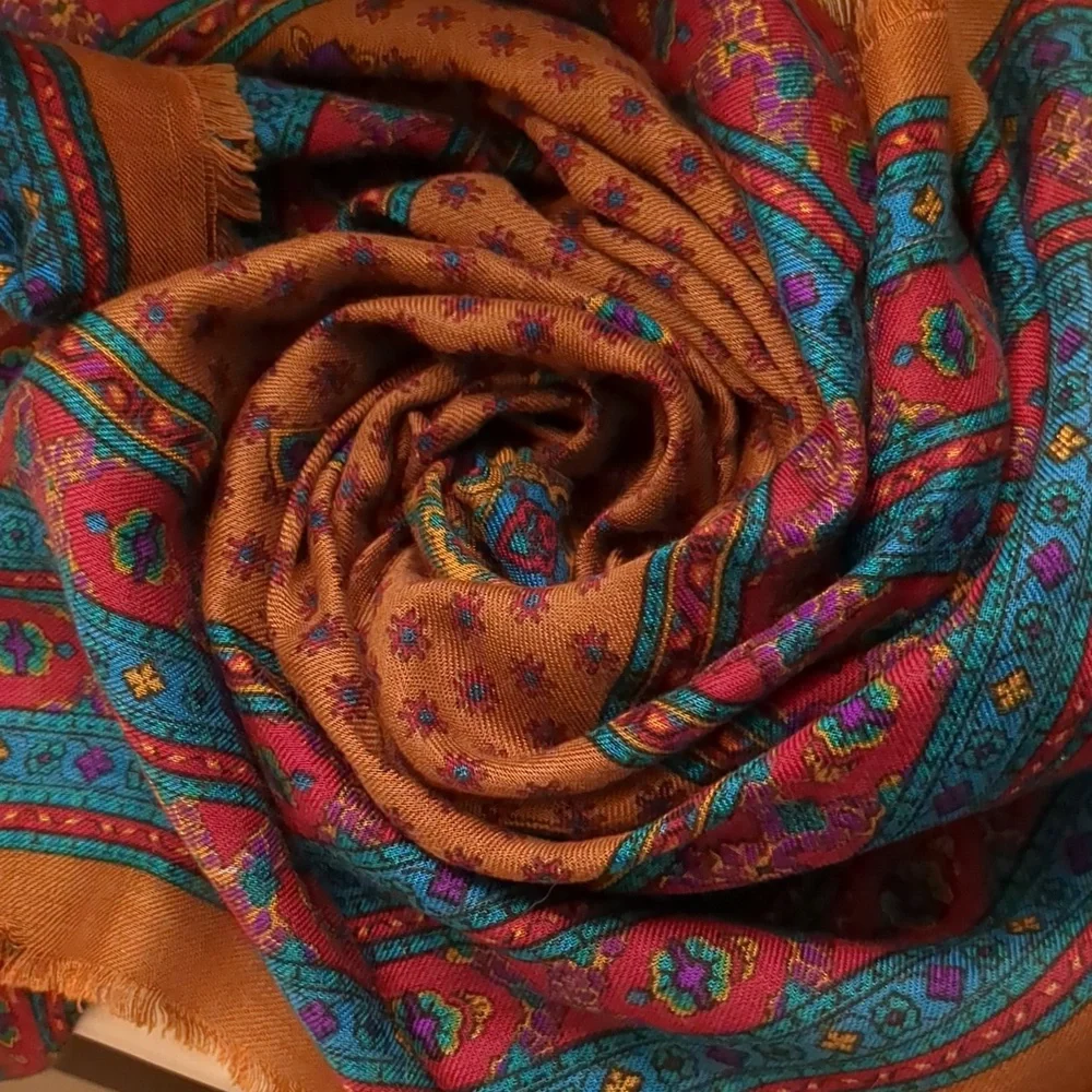 Vintage Women's Paisley Scarf W/ Fringe Edges Brown Teal Old Money Preppy